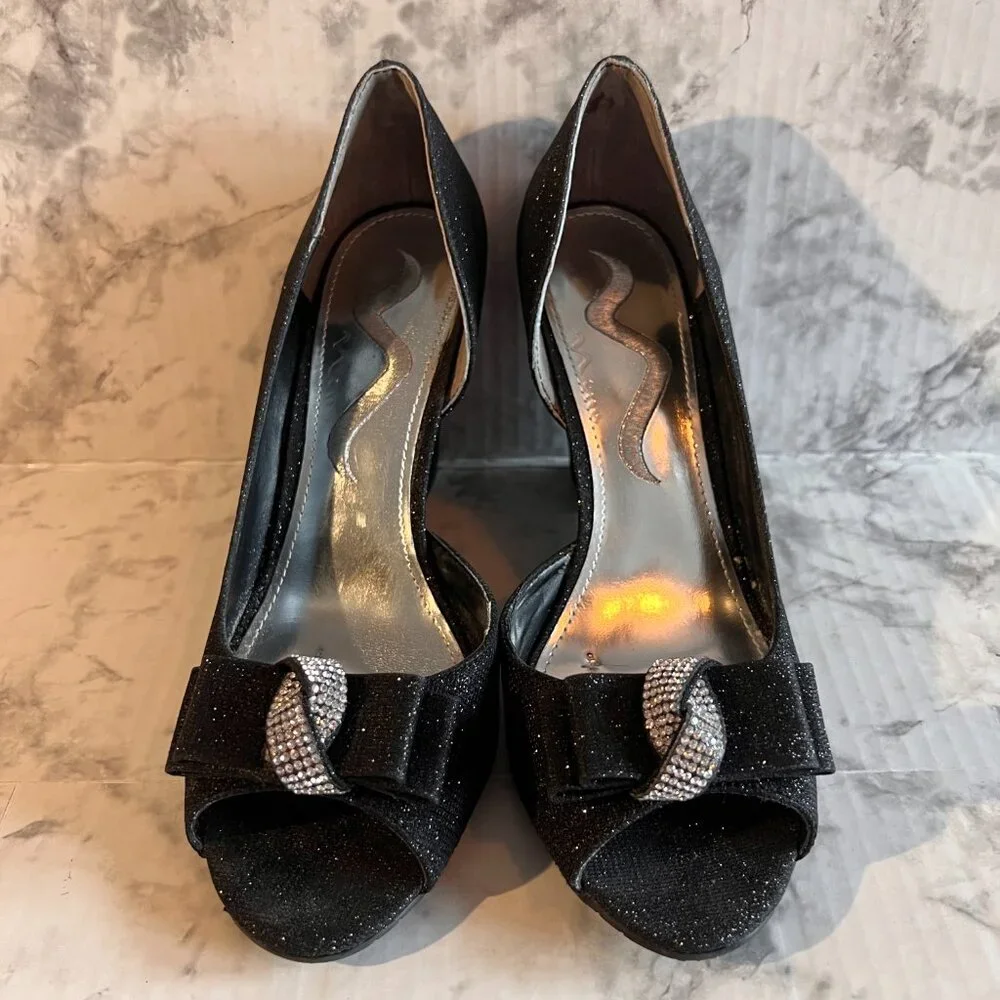 Nina Veleria Wedges Size 7 Black Glitterati‎ Rhinestone Detail Open Toe …